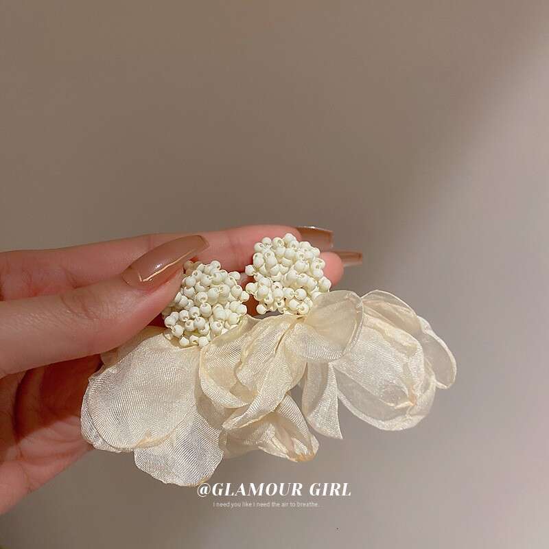 Sier Needle Pearl Mesh Flower Tassel Spring Summer Fresh Sweet Earrings Super Fairy Pure Desire Fashion Ear Jewelry