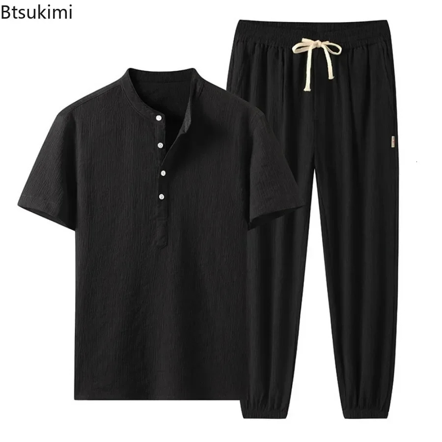 Mens Casual Pant Sets Spring Summer Ice Silk Breathable Short Sleeve T-shirts and Pants Two Pieces Sportswear Outfits Male 250617