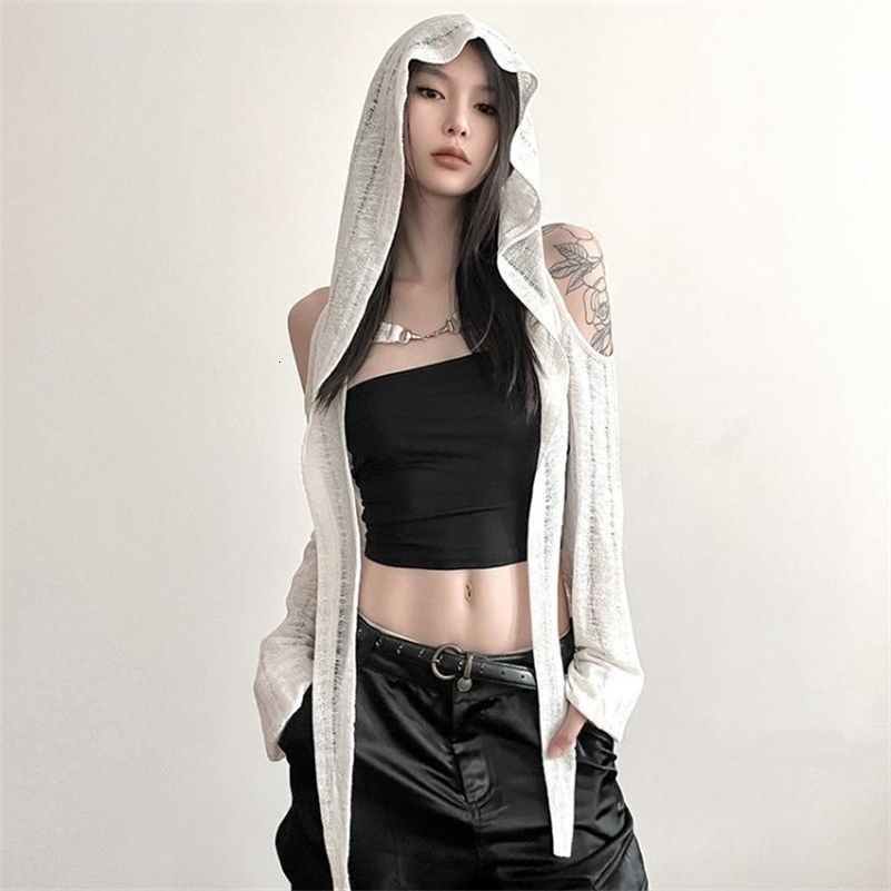 American Street Hoodie Tops Women Summer Long Sleeve Hollow Out T-shirts Y2k Grunge Slim Fit All-match Black Tee Shirt 250614CJ