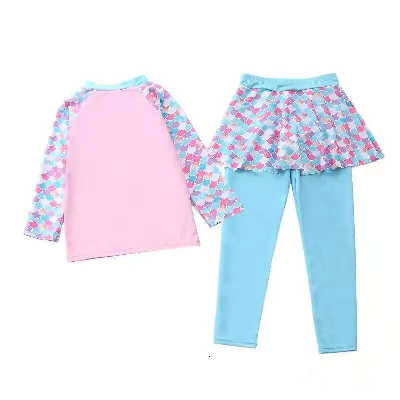 Swimwear Long Sleeve Rash Guard Skirted Pants Two Pieces Set Children's Swimsuit for Girls Summer Beach Bathing Suit Kids
