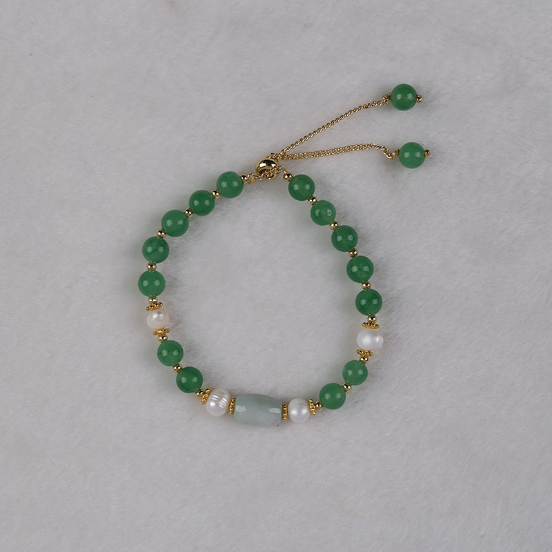 Handcrafted Adjustable Chain Bracelet Featuring Pure Freshwater Pearls and Jade Beads