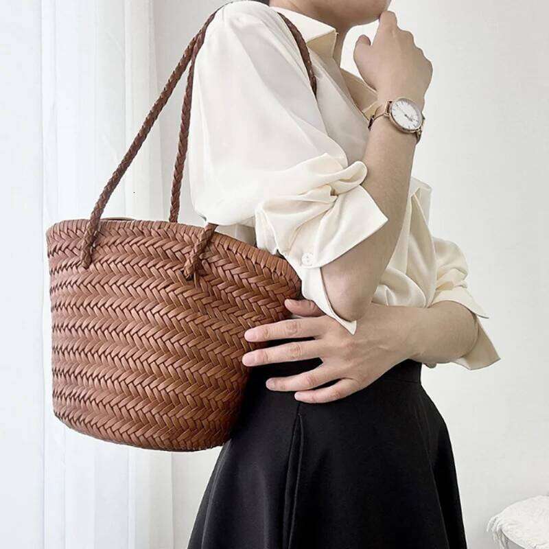 bags Vintage Genuine Leather Hand Tote Top Quality Women Weave Basket Shopping Bags Travelling Beach Hobos Handbag