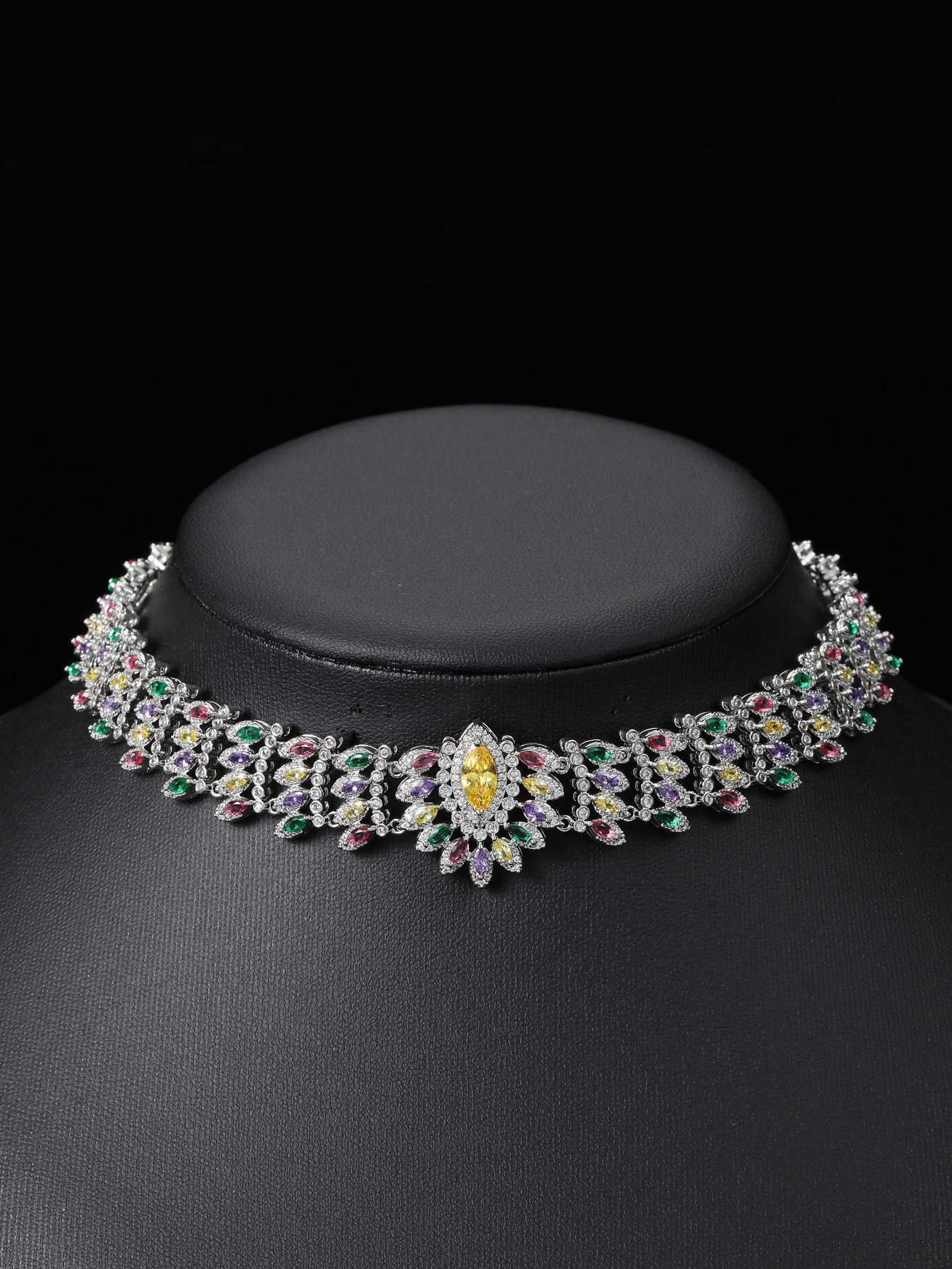 Colorful Zircon Necklace Dress Evening Full Diamond Choker Leaf Decoration Women's Wear 250615