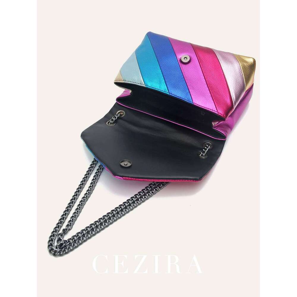 CEZIRA Metallic PU Leather Flap Shoulder Bag For Women Colorful Stripes Patchwork Chain Cross Body Handbag Daily Casual