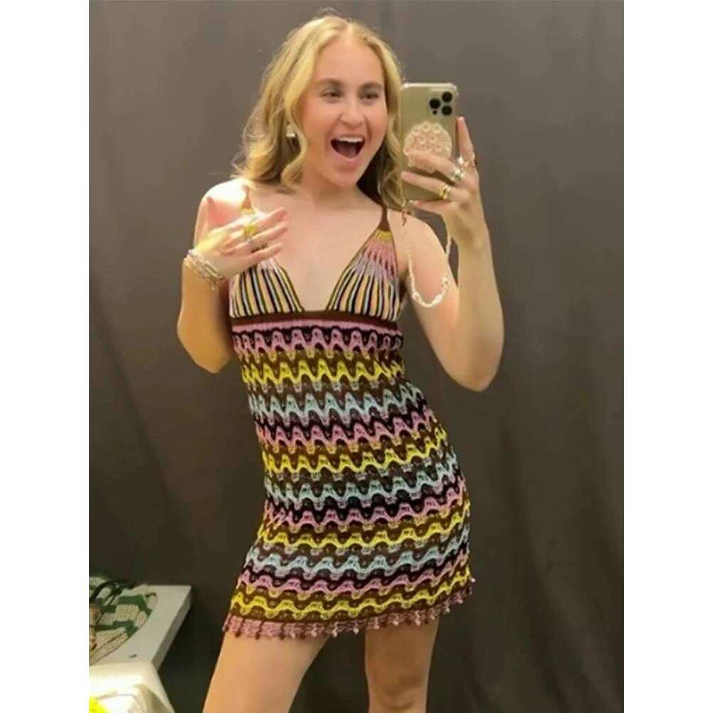 Summer New Women's Deep V Striped Knitted Spaghetti Strap Sleeveless Mini Dresses Elegant Chic Female Dress For Party Vacation