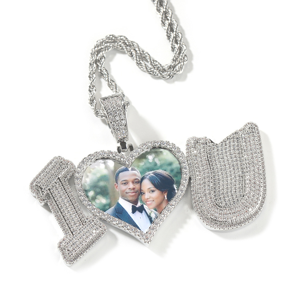 14K Gold Personalized I Love You Custom Photo Pendant Necklace For Couple Full Cubic Zirconia Heart Lovers Diy Picture Wedding Memorial Jewelry Collar