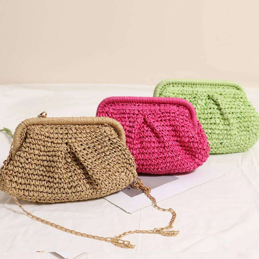 Straw Braided New Pleated Solid Color Straw Knit Clip Holiday Beach Chains Shoulder Crossbody Bag Female Purse Handbags