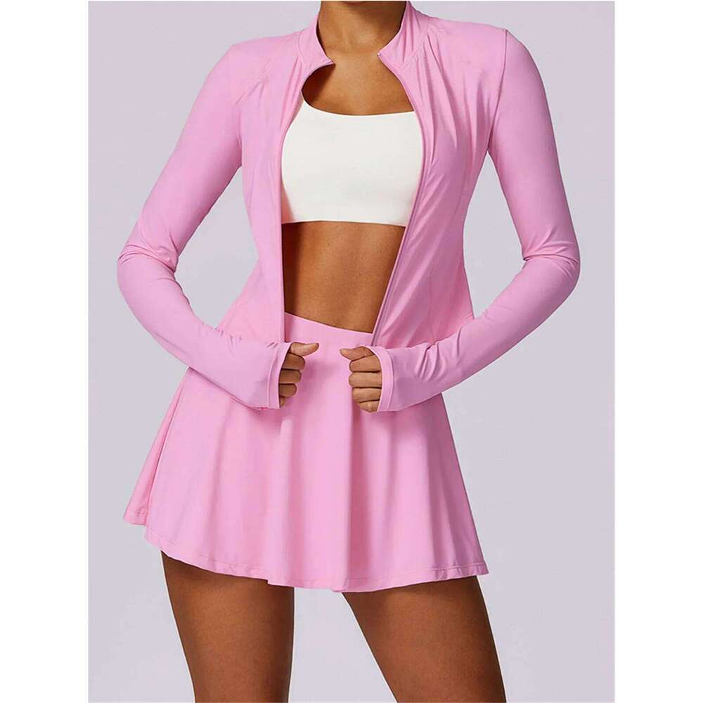 Summer Skirt Set Women UV Protection Long Sleeved Sunscreen Zipper Coat Outdoor Ice Silk Cool Running Yoga Exercise Sets