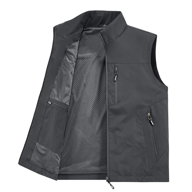 Summer Vest Jacket Waistcoats Male Breathable Mens Multi-pocket Fishing Pography Vest Mens Thin Stand-up Collar Vest 250617
