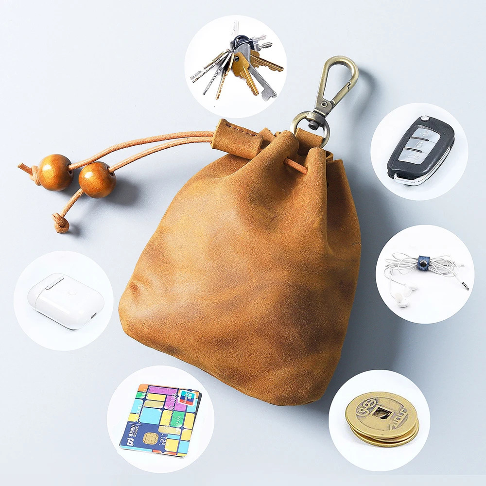 Multi Functional Genuine Leather Coin Purse Key Holder String Money Bag Waist Pouch Retro Cowhide Wallet Travel Supplies R250624