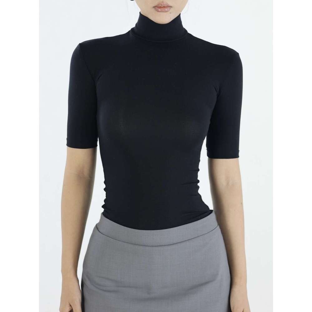 Tencel Lycra Skin-Friendly High Neck Regular Shoulder Five-Quarter Sleeve T-Shirt Slim Fit Thin Base Summer Top B5