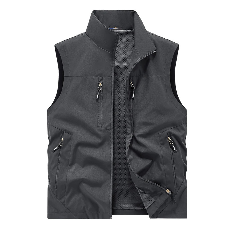 Summer Vest Jacket Waistcoats Male Breathable Mens Multi-pocket Fishing Pography Vest Mens Thin Stand-up Collar Vest 250617