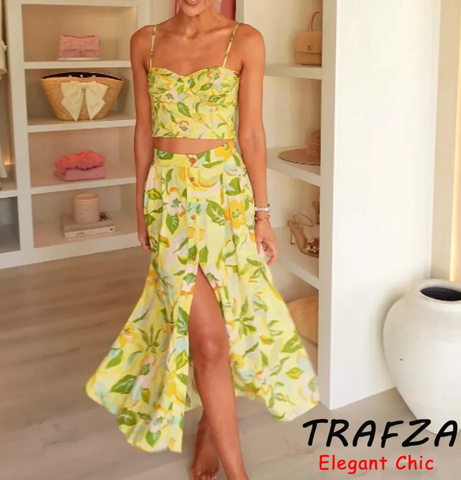 TRAFZA Holidays Beach Floral Skirt Set Womens Camisole Top OR Buttons Midi Summer Fashion Boho Casual Set 250618
