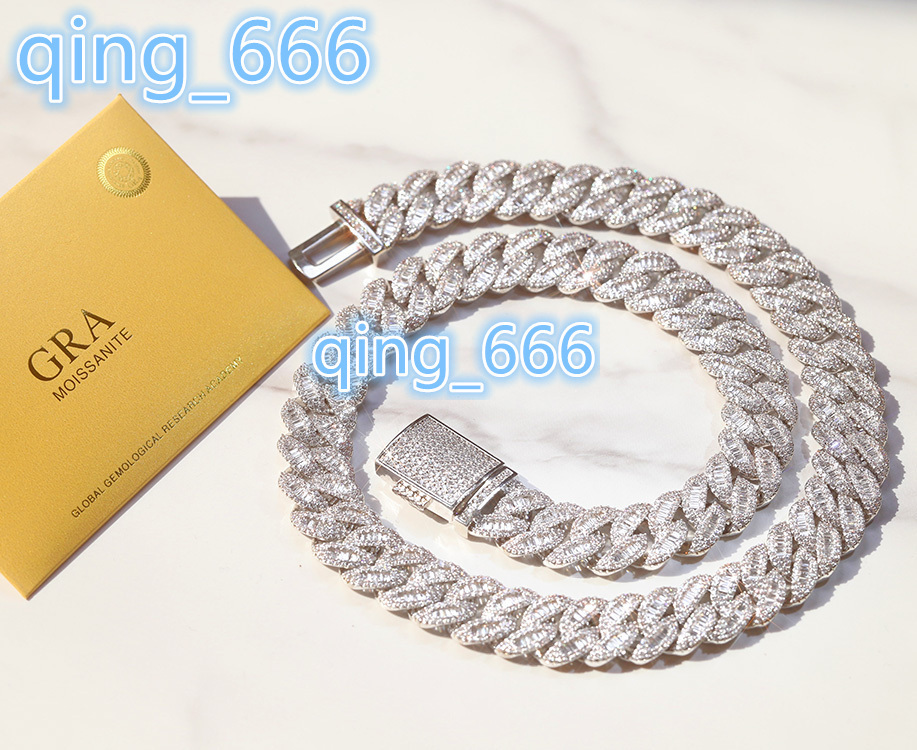 Custom Baguette Chain 15mm Width 925 Solid SIlver With GRA Baguette Moissanite Cuban Link Chain Mens Hip Hop Necklace