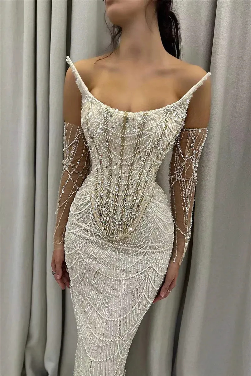 Sparkly Beading Wedding Dresses Women Sexy Spaghetti Straps Sequined Bride Dresses Pearls Floor Length Bridal Gown Customized