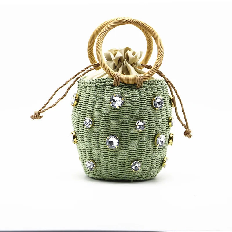 Summer Round Rattan Handmade diamond Pearl Bag Bohemian Leisure Straw Bucket Knitting Shoulder Crossbody Beads Beach Bag 250624