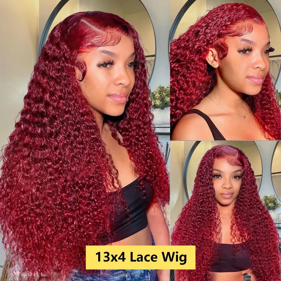 Burgundy Human Frontal HD Lace Wig 13x4 Human Hair 99J Curly Deep Wave Red Lace Front Human Hair Wigs For Women 250 Density Synthetic
