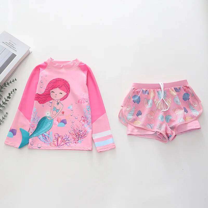 Girls Rash Guard Swimsuit Two Pieces Long Sleeve Mermaid Bathing Suit Pants Skirt Children's Beach Sport Swimwear