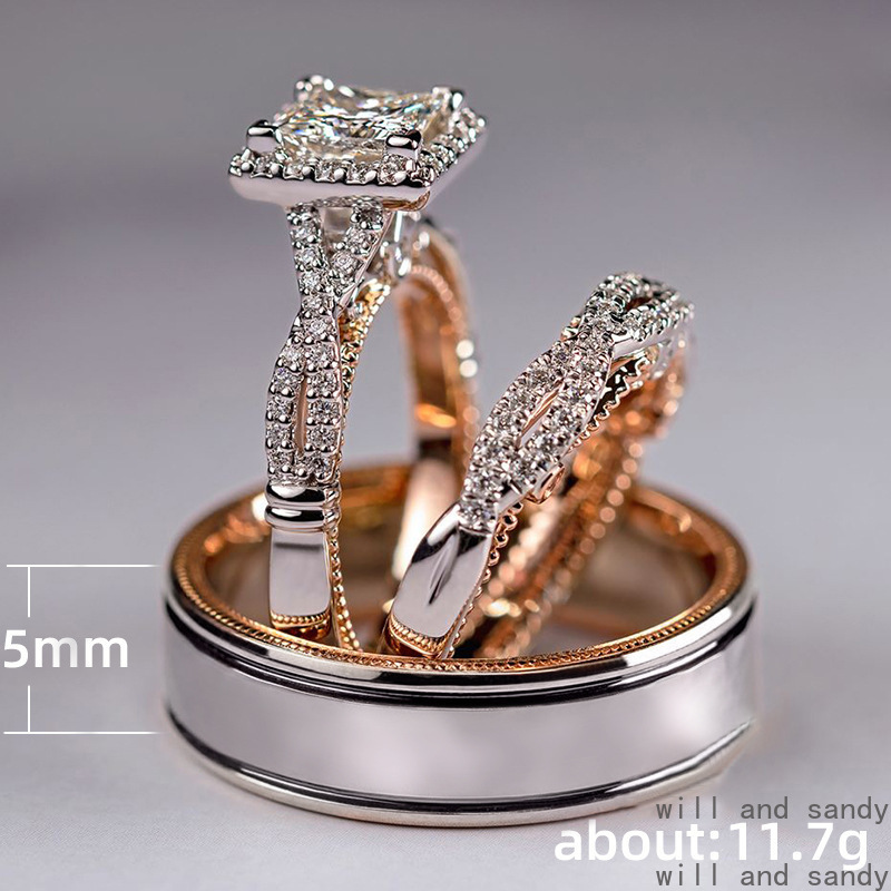 Couple Cubic Zirconia Diamond Rings Engagement Wed Ring Band Charm Sterling Silver Plated Designer Jewelry Set for Women Man Gift Mother Birthday Vale
