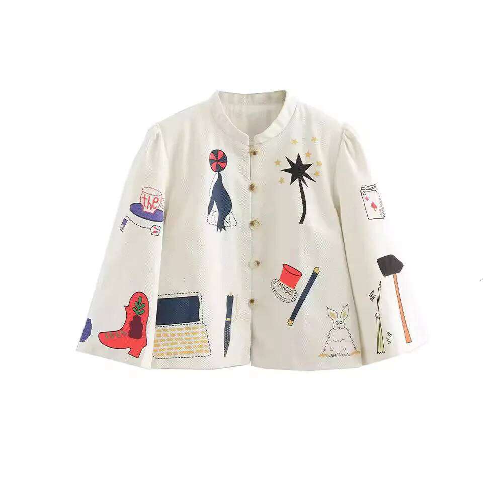 Spring Vintage Printed Coat For Women Casual Stand Collar Single Breasted Long Sleeve Jacket Female Fashion Overcoat