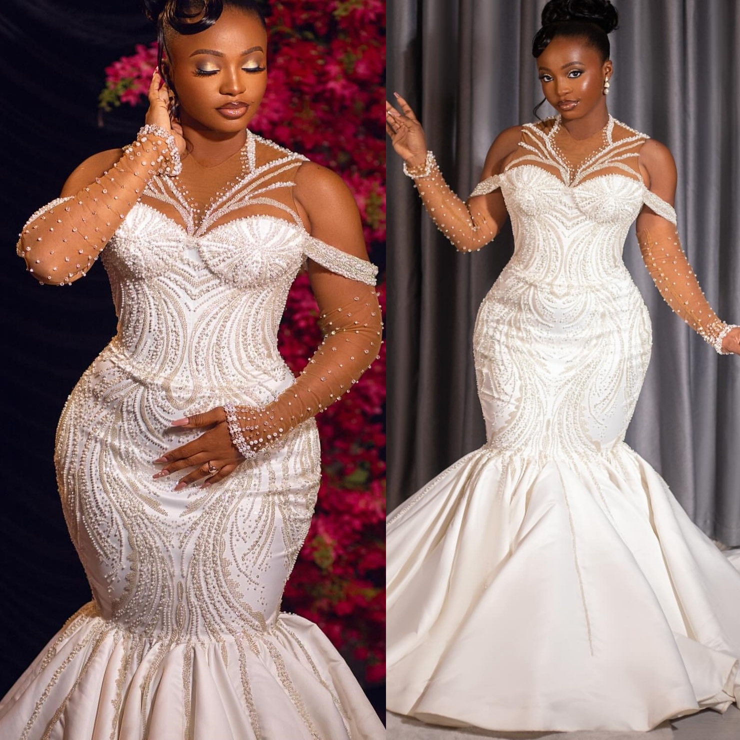 2025 Aso Ebi Plus Size Ivory Wedding Dress Beaded Pearls Satin Full Sleeves Sequined Lace Vintage Bridal Gowns Dresses ZJ0666