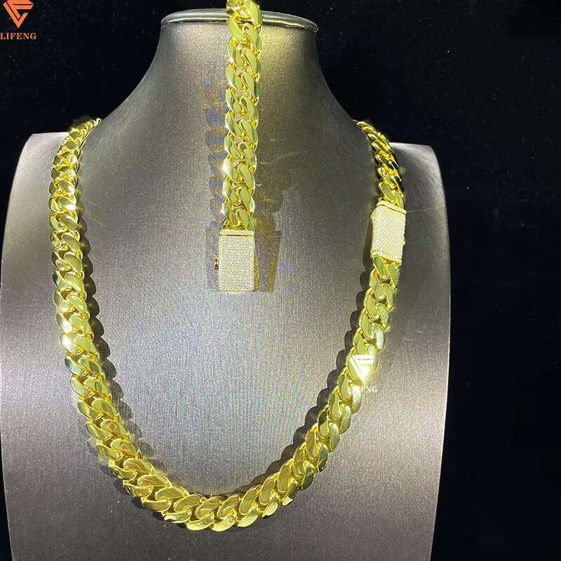 Custom 18K Gold Plated 14mm Cuban Link Chain Iced Moissanite Necklace Solid Sterling Hiphop Plain Cuban Link Necklace