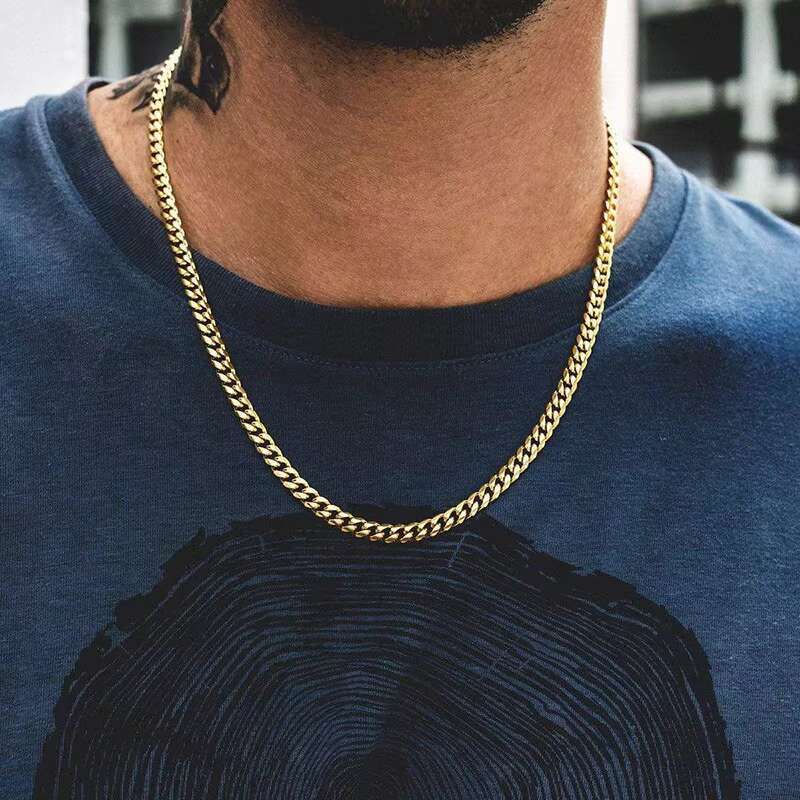 Gold Cuban Chain Necklace for Men Women Basic Punk Stainless Steel Curb Link Chain ChokersVintage Gold Tone Solid Metal Collar
