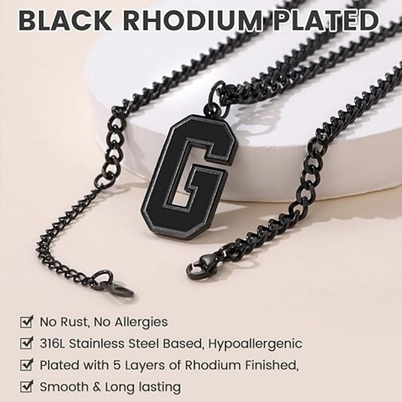 GoldChic Men Initial letter Necklace, Stainless Steel Large Initials Necklace for Sports Men Athletes, Alphabet Pendant with 4mm Cuban Chain