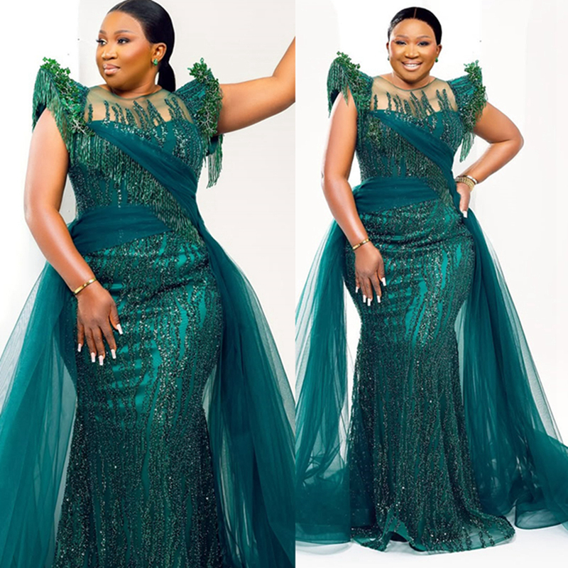 2025 Plus Size Hunter Green Aso Ebi Prom Dress Mermaid Prom Dresses Evening Formal Gowns Sheer Neck Beaded Lace Tassel Birthday Dress Second Reception