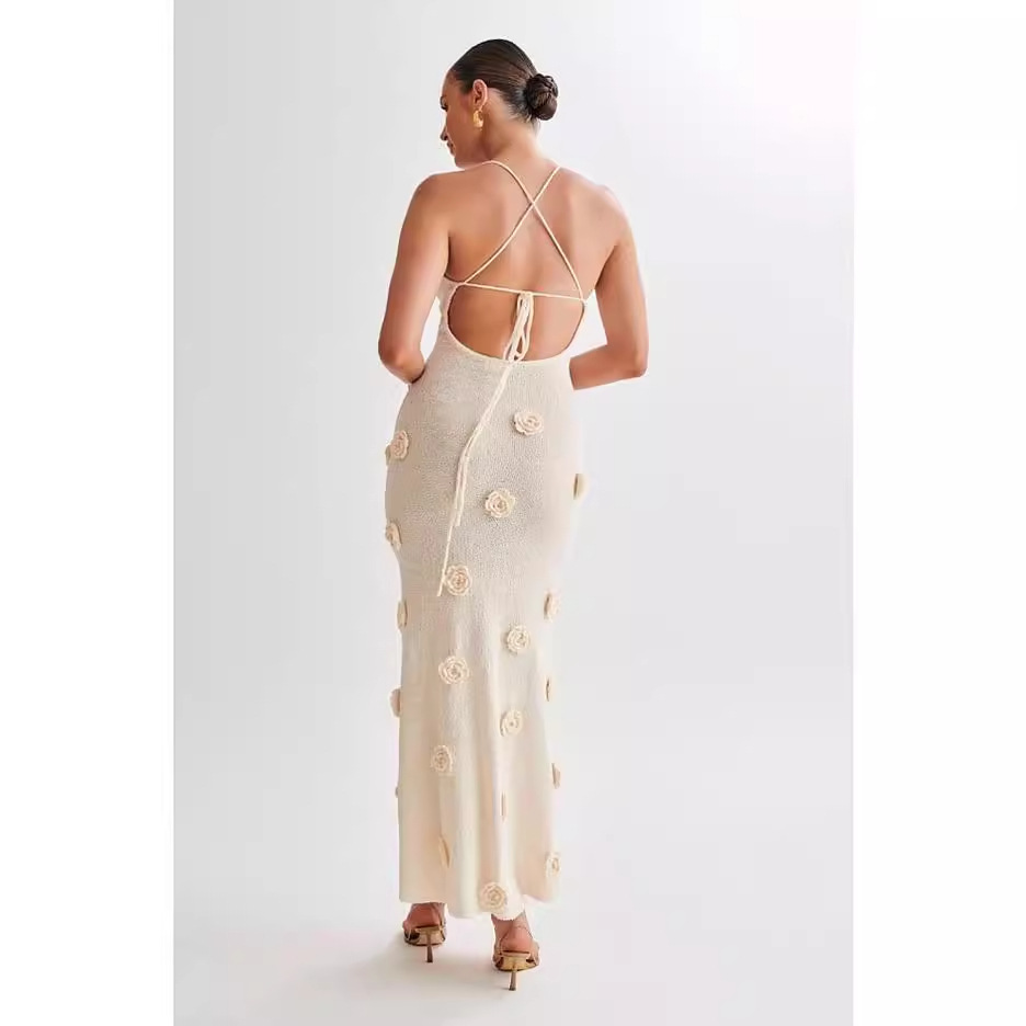 S624European and American style 2024 summer new women's knitted flower dress female