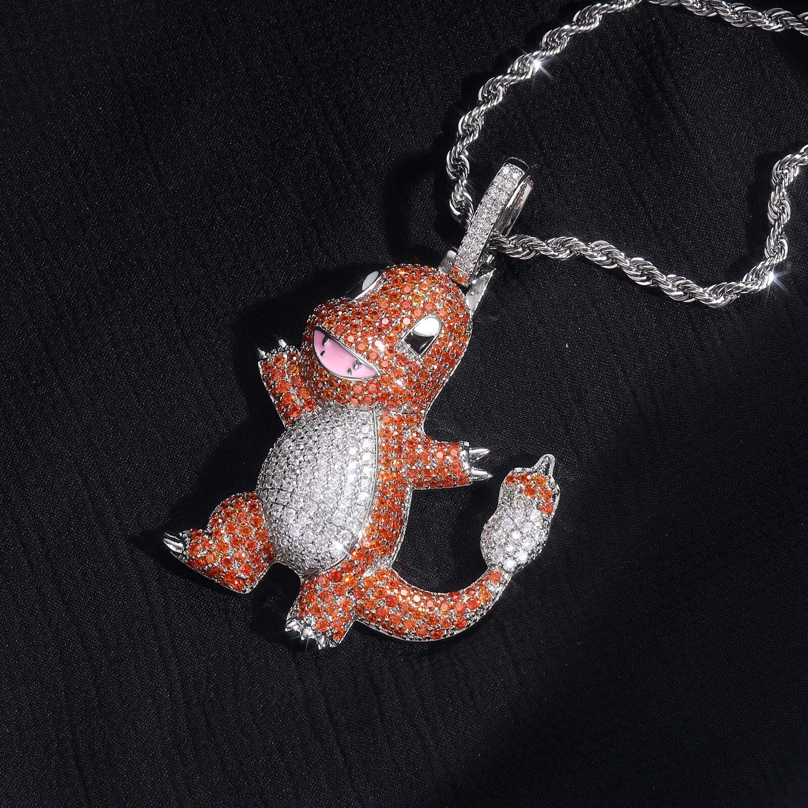 New Style Cartoon Charmander Pendant Ice Out Colorful Zircon Versatile Hip Hop Moissanite Necklace Pass the diamond tester