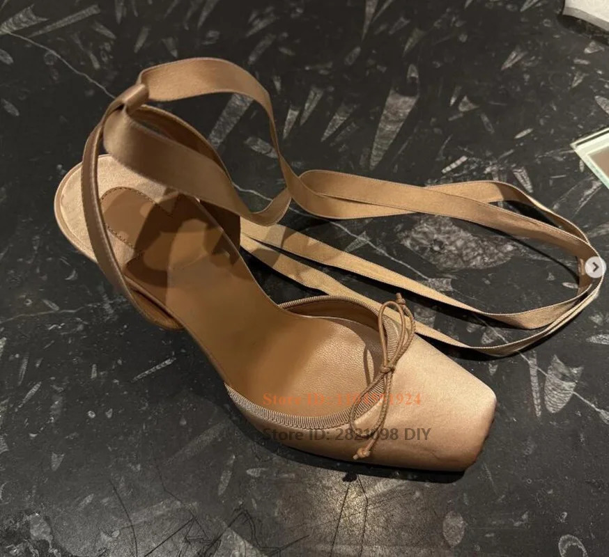 Fashion Square Toe Lace Up Heels Smooth Satin High Heel Stiletto Sandals Women Dancer Ballet Shoes 250624
