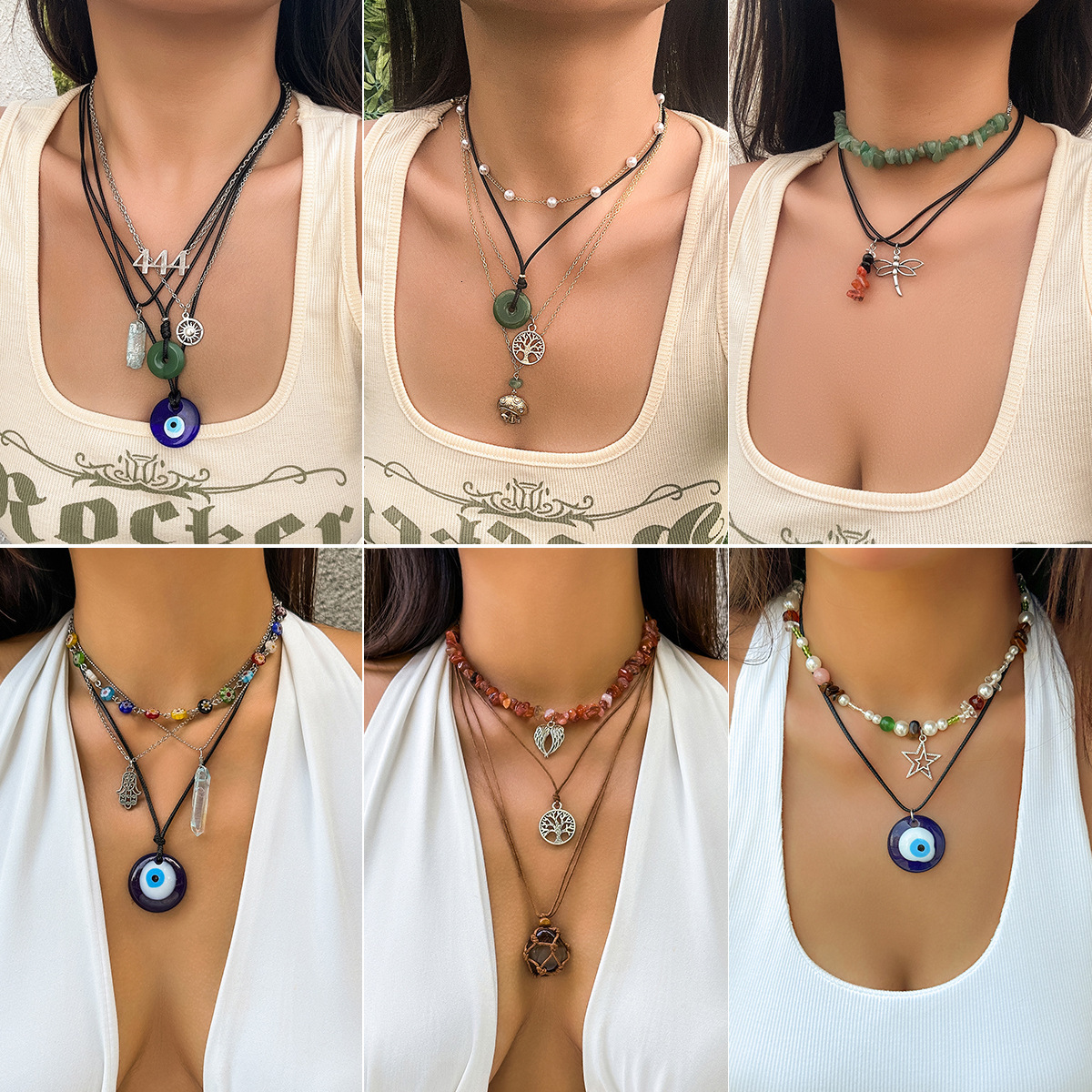 Jewelry Demon Eye Turquoise Pendant Beaded Necklace Women's Wax Thread Choker Clavicle Chain