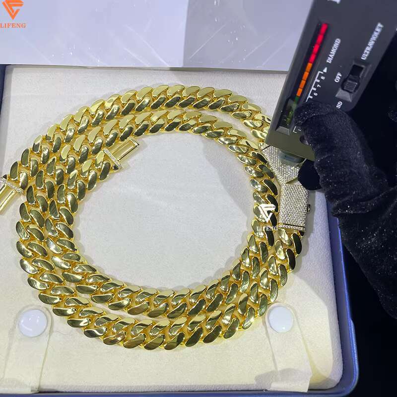 Custom 18K Gold Plated 14mm Cuban Link Chain Iced Moissanite Necklace Solid Sterling Hiphop Plain Cuban Link Necklace