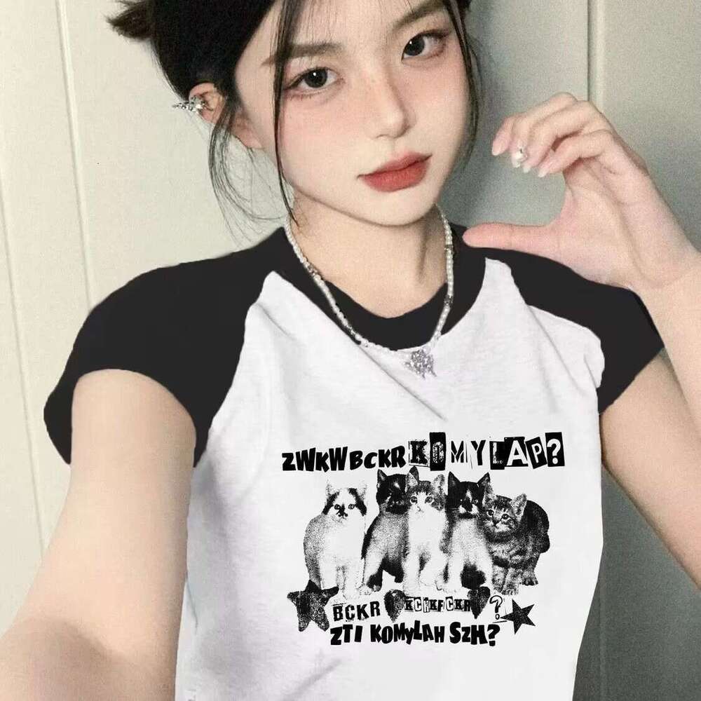 American Style Spicy Girl Raglan Sleeve Color Block Print T-Shirt Women New Summer Short Regular Shoulder Round Neck Top B5