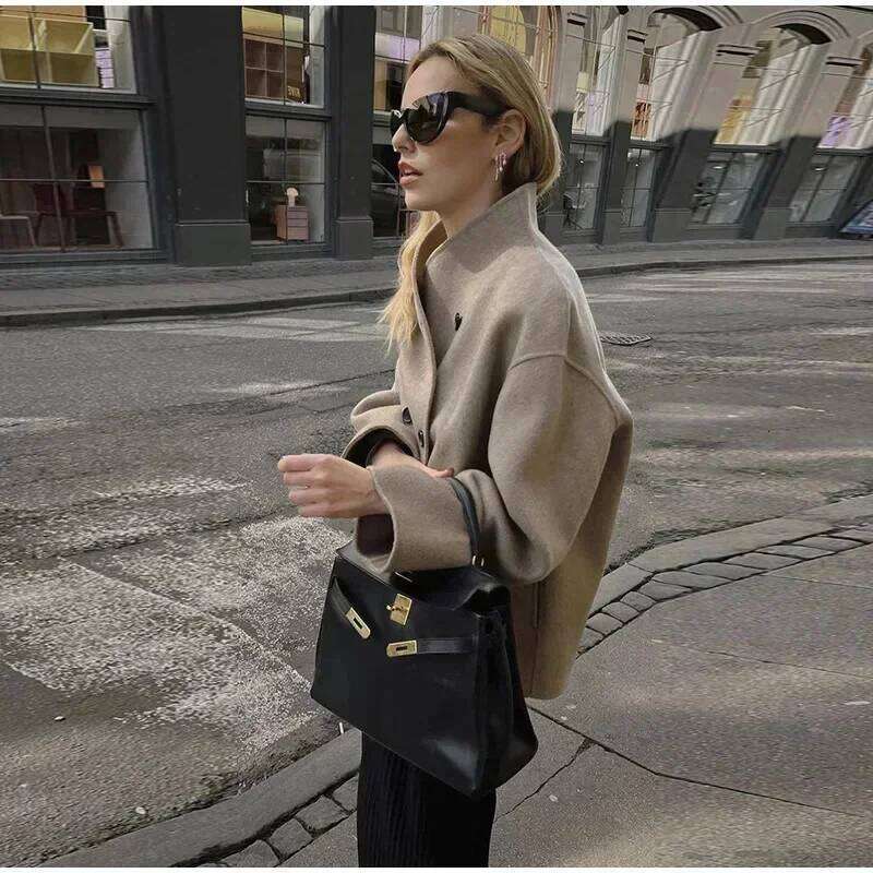 Women Casual Woolen Coats Retro Loose Double Breasted Stand Collar Short Jacket 2024 Autumn Winter Office Lady Street Outerwear