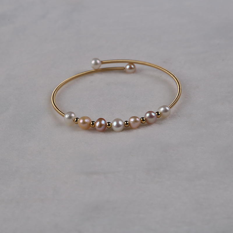 Natural Freshwater Pearls Adjustable Bangle Bracelet with Opening Loop (Length: 7.5cm)