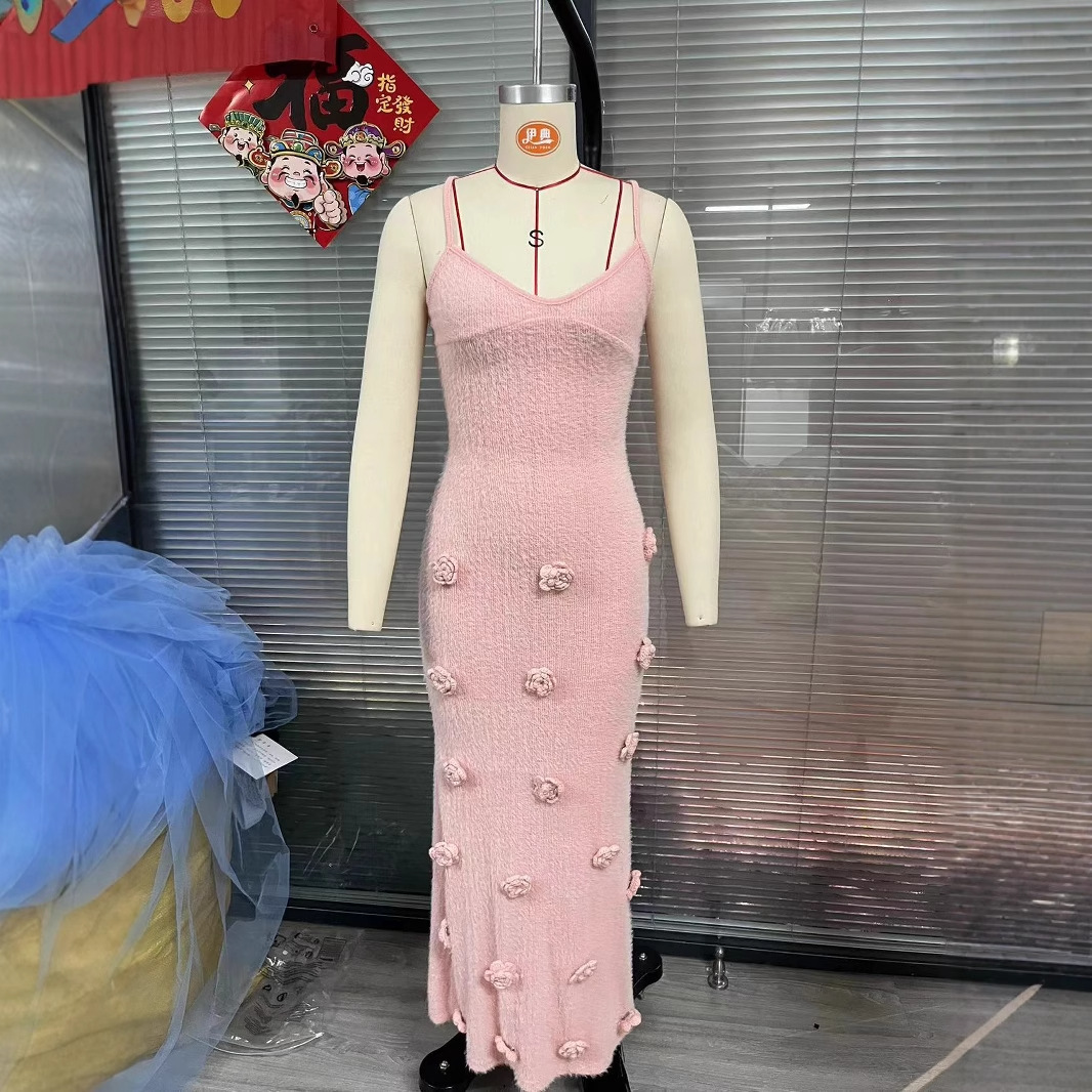 S624European and American style 2024 summer new women's knitted flower dress female