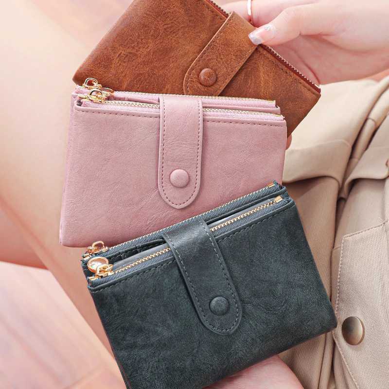 New Womens Wallet Simple and Multifunctional Three-Fold Wallet with Buckle Double Zipper Short Coin Purse XJ250624
