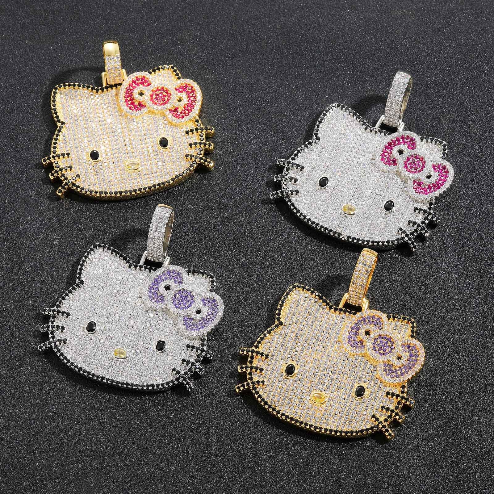New Moissanite Hip Hop Solid Kitty Pendant Necklace with Pink Diamonds Cute Animal Theme for Men and Women Pass the diamond tester