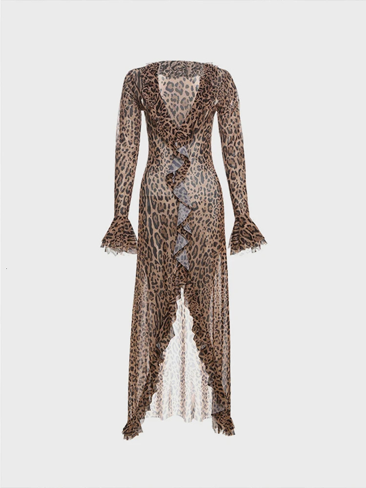 Leopard print pleated long skirt for womens evening party sexy and fashionable Vneck elegant dress Y2k clothing 250616