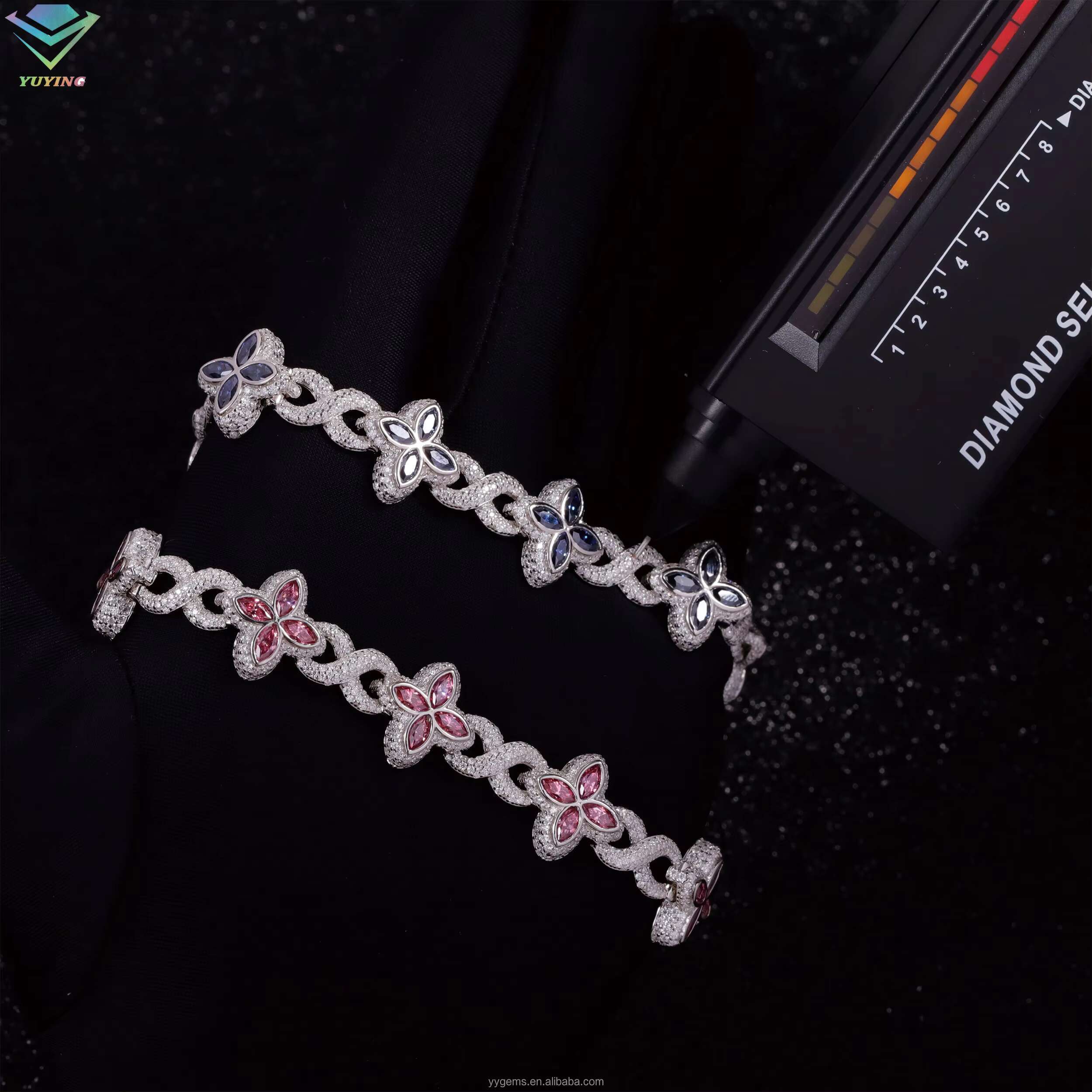 Yu Ying New Trends Pink Marquise Moissanite Diamonds Gold Plated 925 Sterling Silver Four Leaf Clover Infinity Bracelets Jewelry