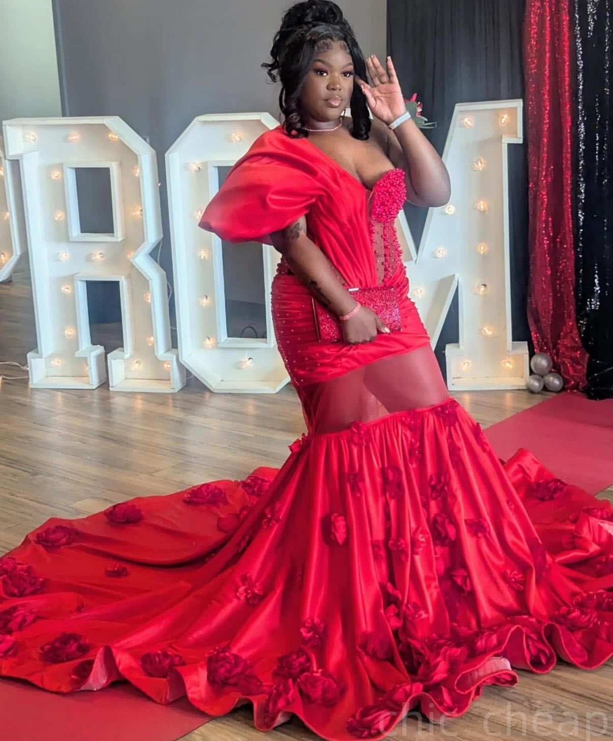 Red Mermaid Prom Dresses 2025 Pearls Beaded Flowers Satin One Shoulder Evening Formal Party Second Birthday Engagement Gowns Plus Size Dress For Speci