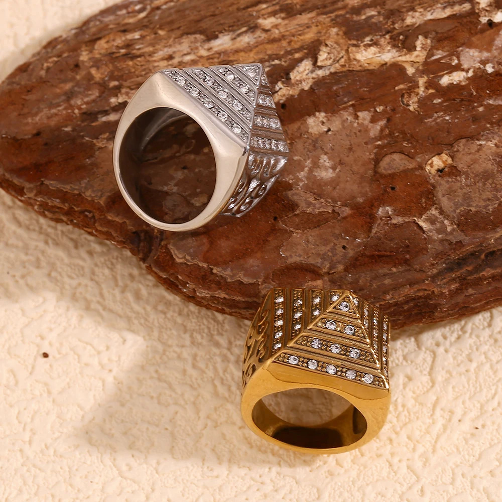 MamacitaSlay In Vintage Four Story Pyramid Vine Waterproof Men Ring Stainless Steel Jewelry Man Accessories Gifts 250624