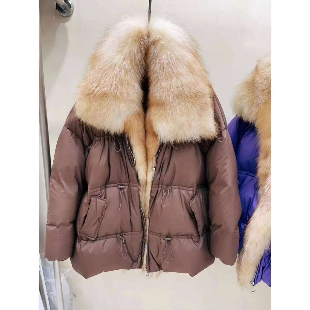 New Fashion Outerwear Streetwear Real Fox Fur Big Collar Winter Jacket Women Natural Thick Warm Duck Down Coat Loose
