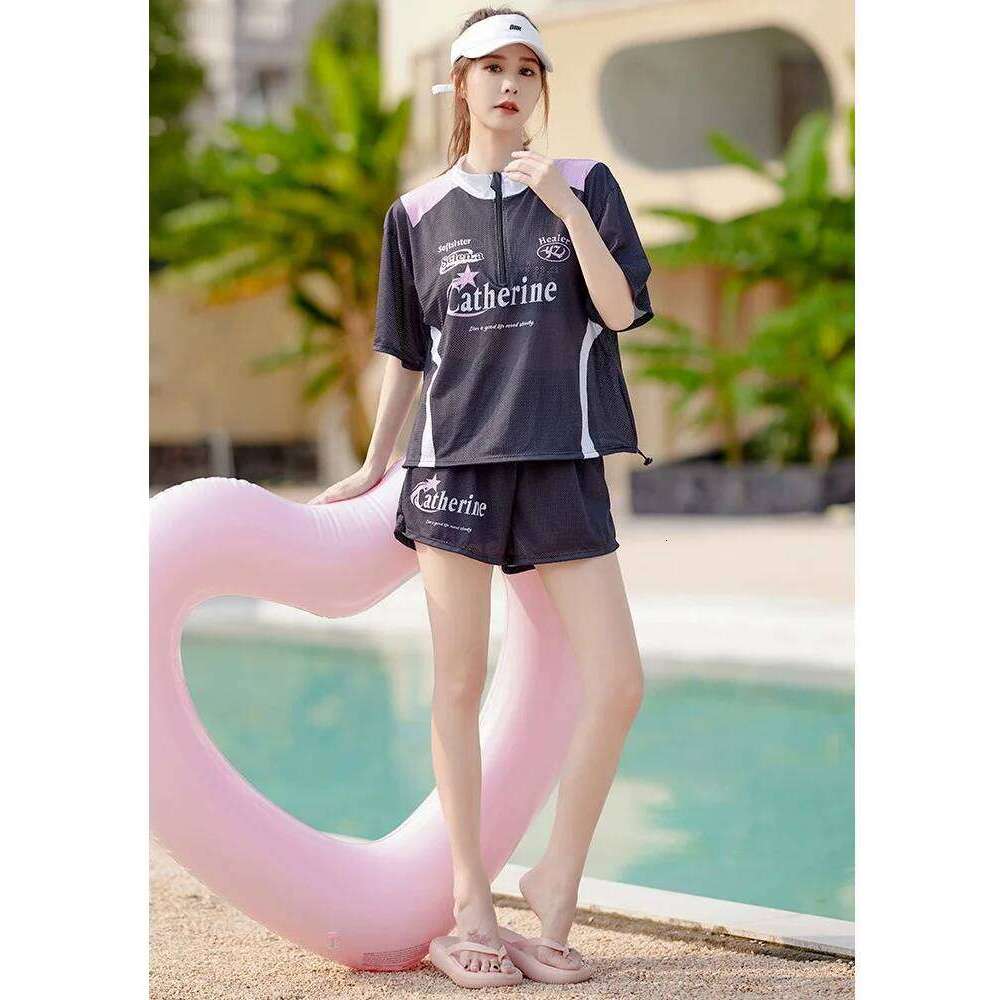 Women's 3 Piece Rash Guard Short Sleeve Swimsuits Zip Up Loose Shirt+Bra+Boyshorts Quick Dry Cover Ups Drawstring Beachwear