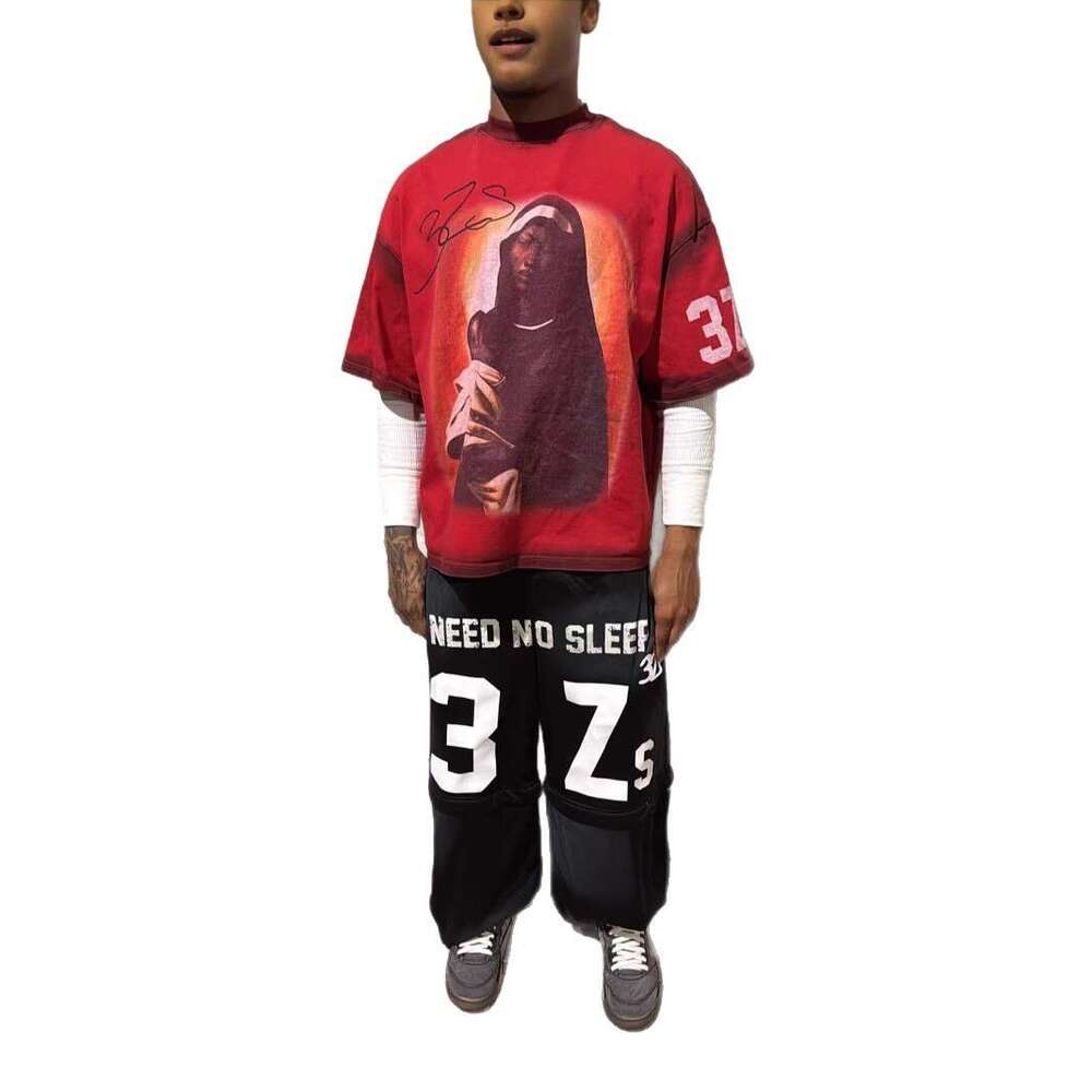 New American Street Style Virgin Mary Letter Print Loose Fit Versatile Short Sleeve