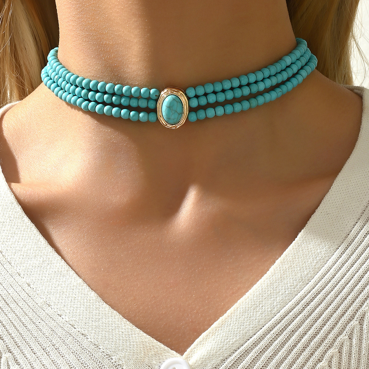 French Style Fashion Beaded Necklace Simple Turquoise Multi-Layer Design Long Alloy Clavicle Chain