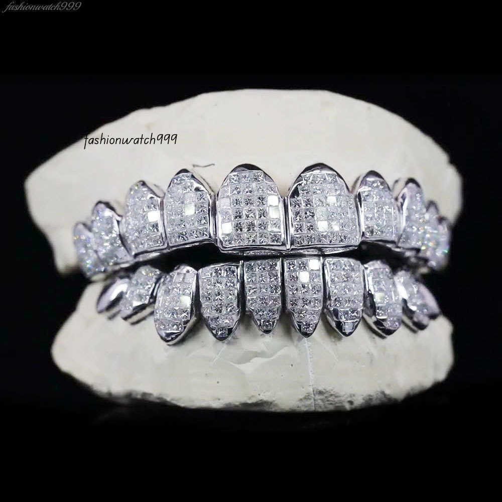 Custom VVS Moissanite Diamond Grillz Top And Bottom Teeth 10K 14K Gold Plate Princess Cut Invisible Setting Iced Out Decoration