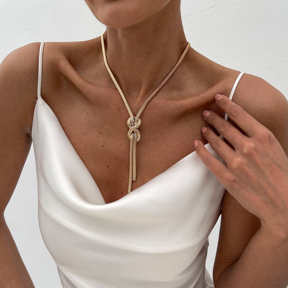 Minimalist Long Flat Snake Chain Cold Style Knotted Double Ring Geometric Irregular Necklace